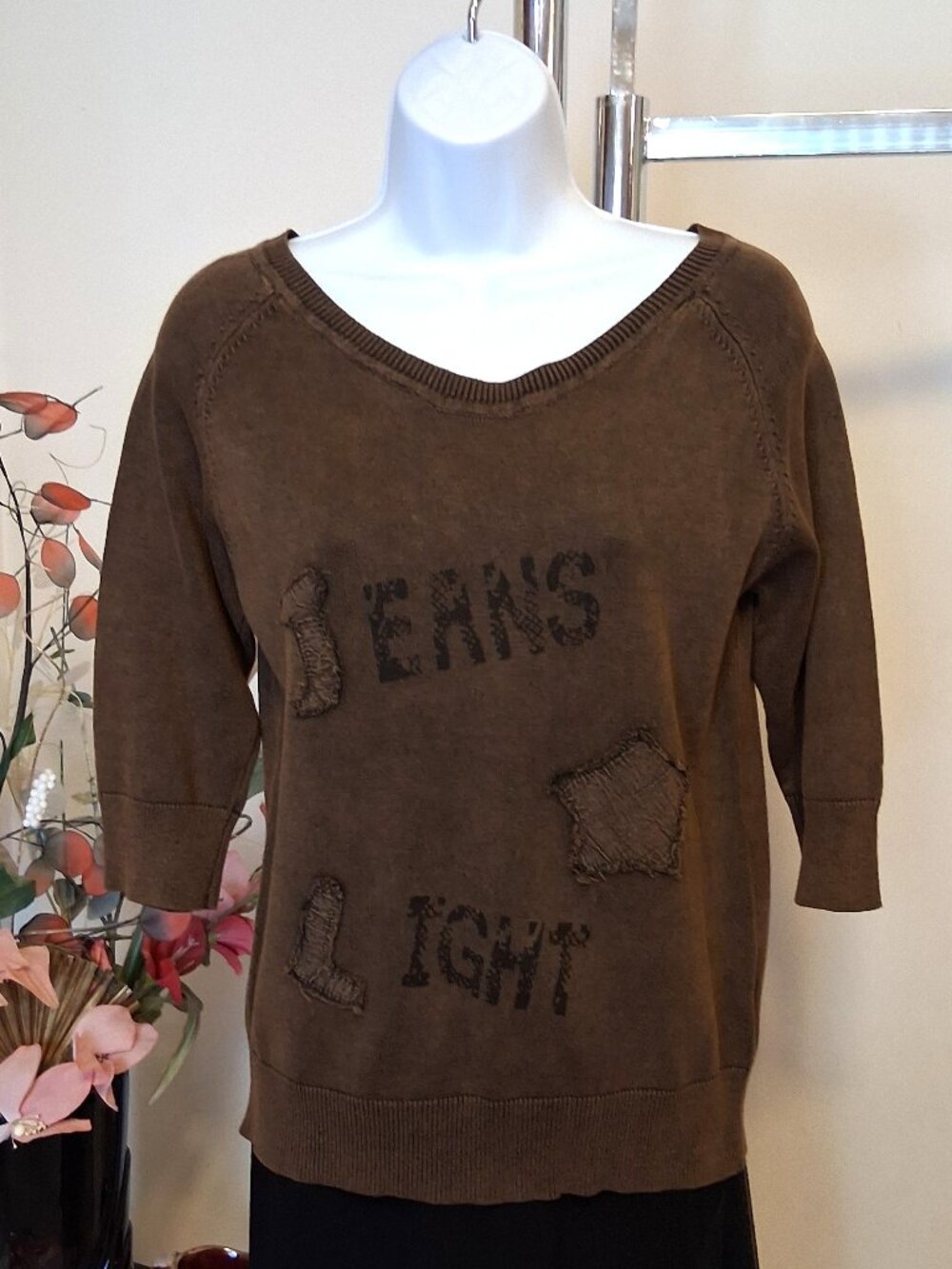 Soft Knit 100% Cotton Cardigan Sweater ¾ Sleeves Size S Dark Brown